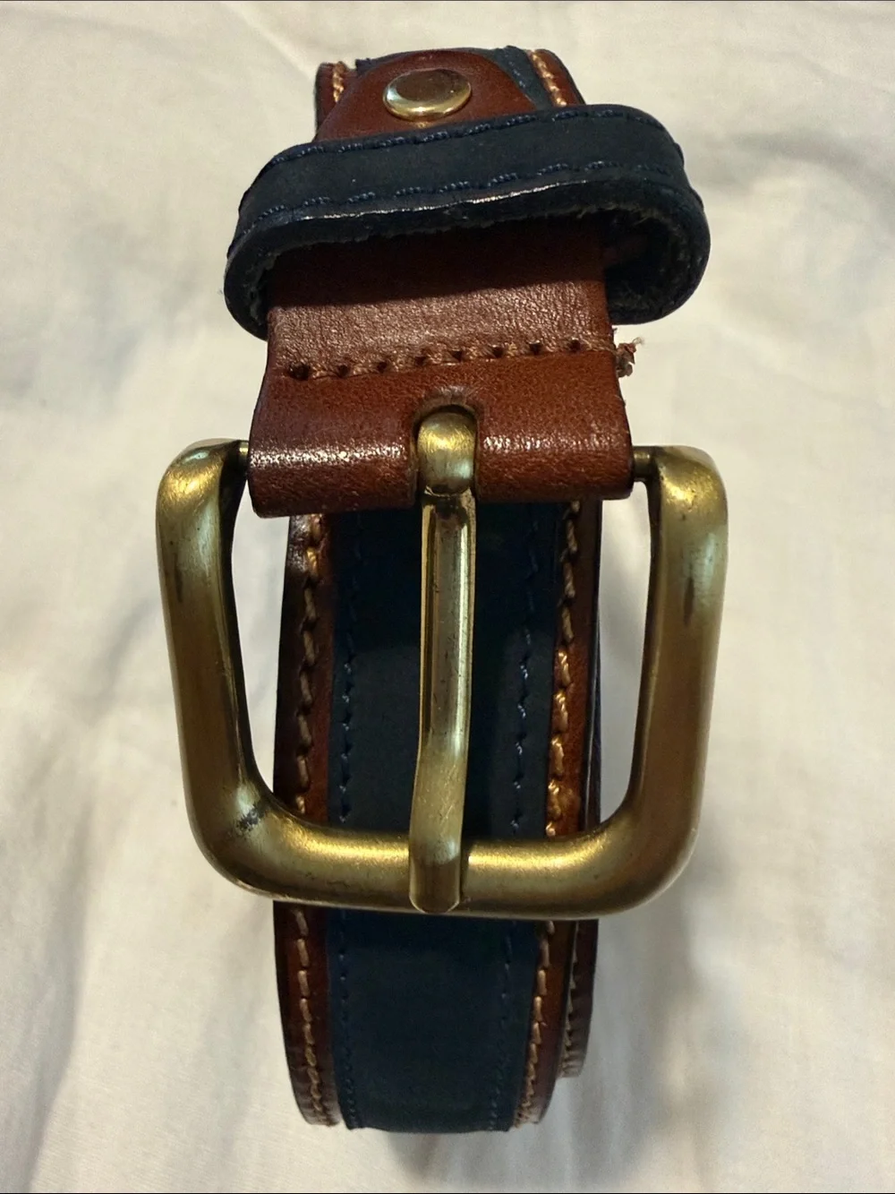 Italian Men's Navy and Brown Leather Belt with Brass Buckle